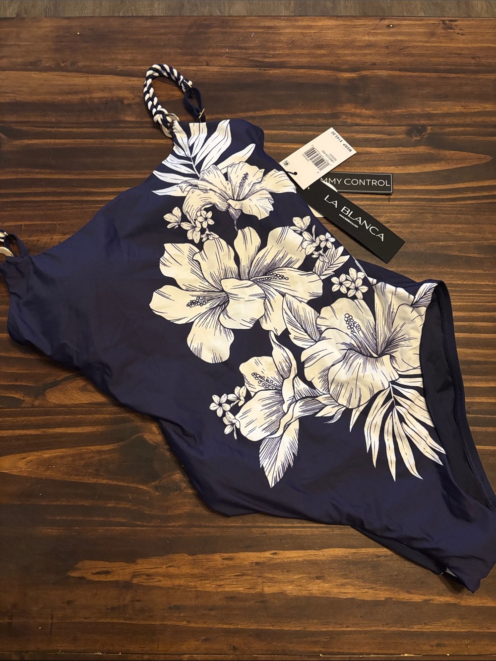 La Blanca tummy control navy with flowers one piece swimsuit new 4